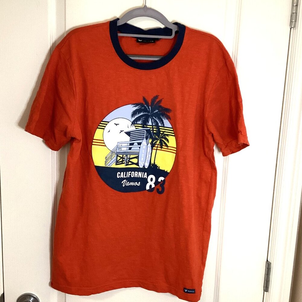Vamos Men's Graphic Orange T-Shirt California 83 Surfing Size L